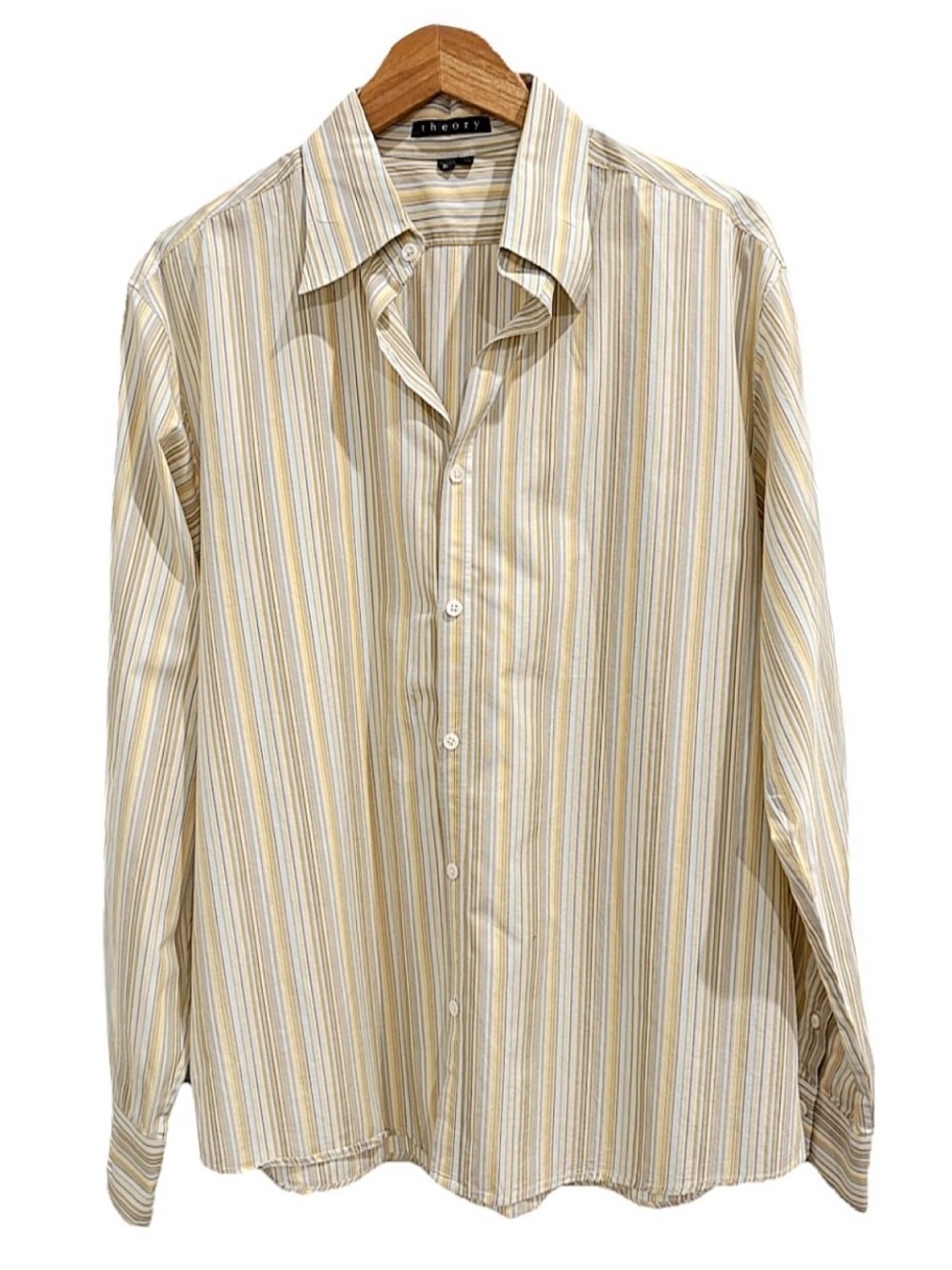 Theory XL Striped Button Down Shirt Yellow Blue Brown Cotton